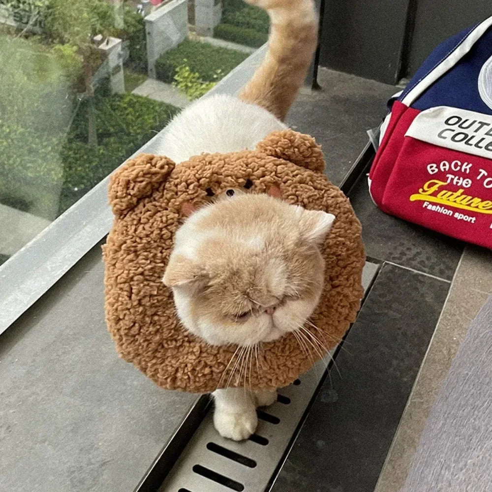 1 Pc Cute Cartoon Cat Recovery Collar – Soft Plush Adjustable Elizabeth Cone for Cats & Small Dogs | Anti-Bite Protective Neck Collar for Post-Surgery Wound Healing