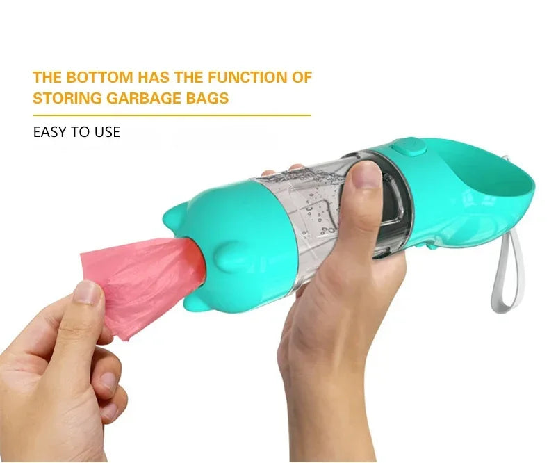 3 in 1 Portable Dog Water Bottle – Feeder, Drinker, and Poop Bag Dispenser for Outdoor Pet Travel