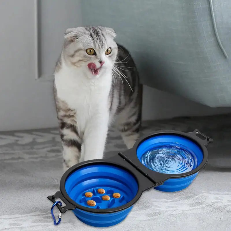 Foldable Double Dog Bowl – Travel Pet Feeder for Dogs & Cats | Slow Feeder, Water Bowl with Lock Clips for Walking, Hiking & Camping