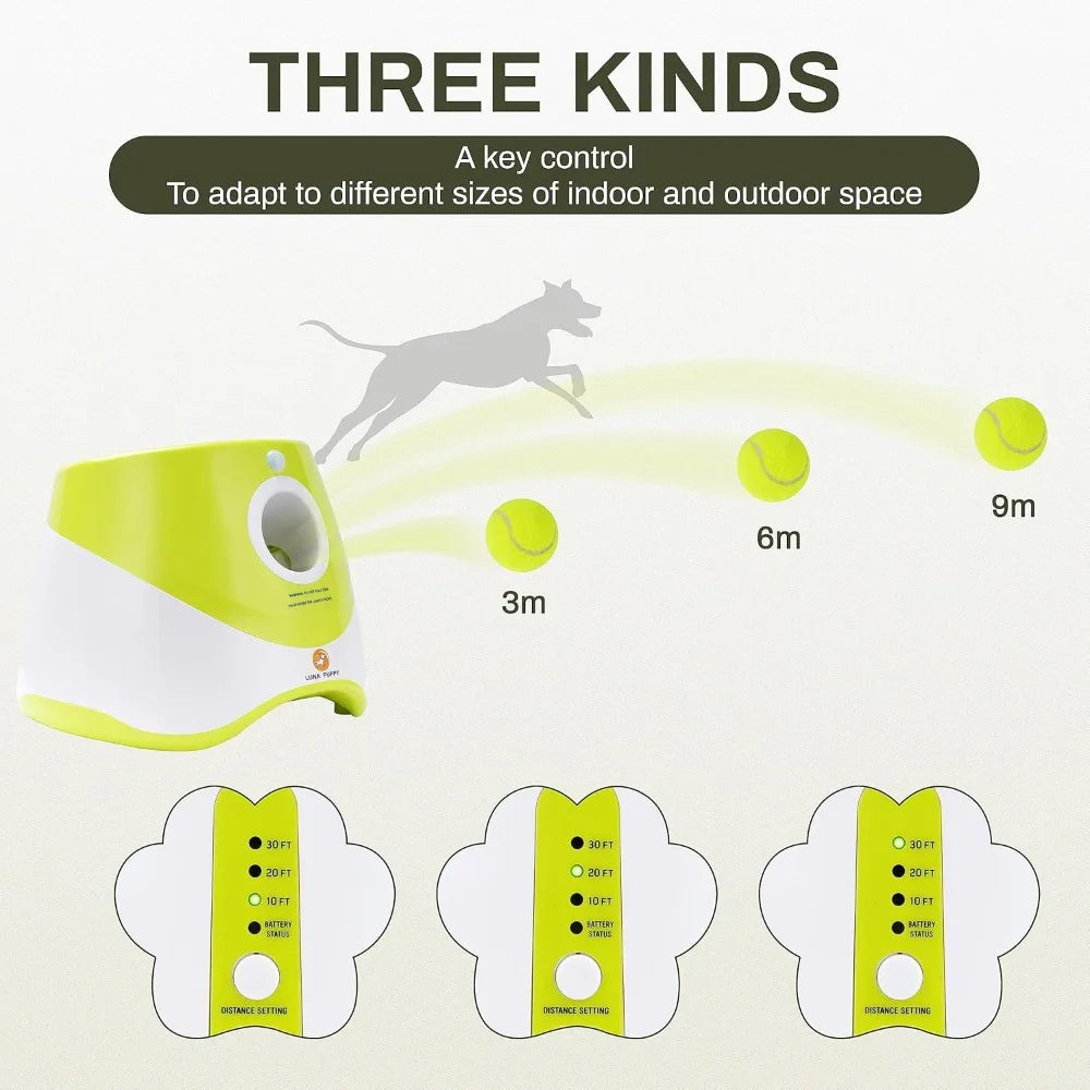 Automatic Dog Ball Launcher – Interactive Toy with 3 Ranges & 6 Mini Tennis Balls (Green)