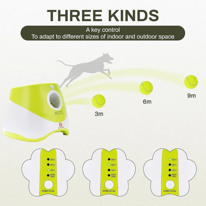 Automatic Dog Ball Launcher – Interactive Toy with 3 Ranges & 6 Mini Tennis Balls (Green)