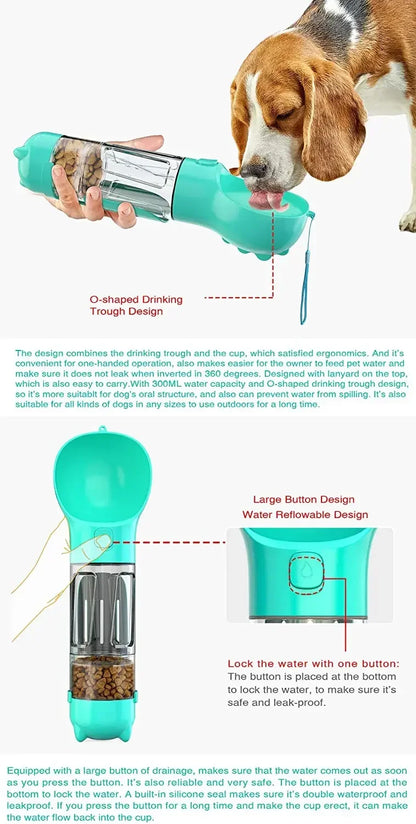 3 in 1 Portable Dog Water Bottle – Feeder, Drinker, and Poop Bag Dispenser for Outdoor Pet Travel