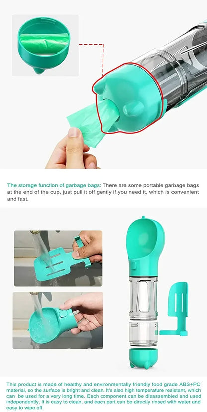 3 in 1 Portable Dog Water Bottle – Feeder, Drinker, and Poop Bag Dispenser for Outdoor Pet Travel