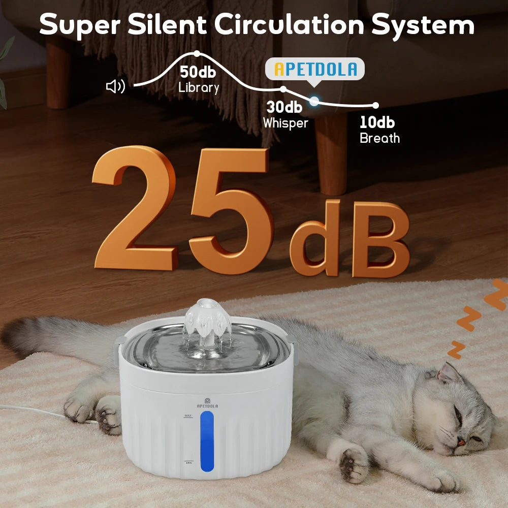 APETDOLA Automatic Cat Water Fountain – 2.1L Smart Pet Water Dispenser with Stainless Steel Tray, 6-Level Filtration, Ultra Quiet for Cats and Dogs