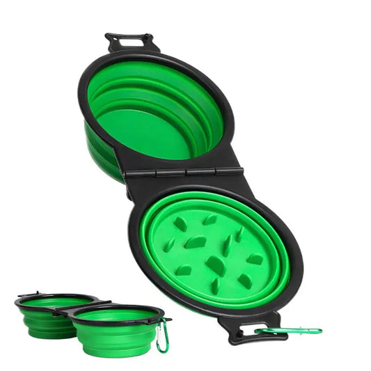 Foldable Double Dog Bowl – Travel Pet Feeder for Dogs & Cats | Slow Feeder, Water Bowl with Lock Clips for Walking, Hiking & Camping