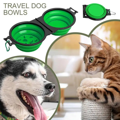 Foldable Double Dog Bowl – Travel Pet Feeder for Dogs & Cats | Slow Feeder, Water Bowl with Lock Clips for Walking, Hiking & Camping