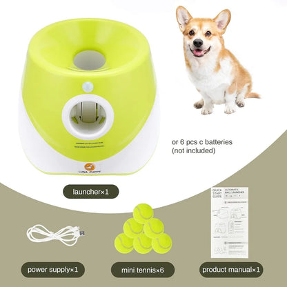 Automatic Dog Ball Launcher – Interactive Toy with 3 Ranges & 6 Mini Tennis Balls (Green)