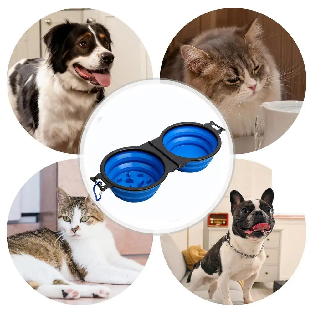 Foldable Double Dog Bowl – Travel Pet Feeder for Dogs & Cats | Slow Feeder, Water Bowl with Lock Clips for Walking, Hiking & Camping