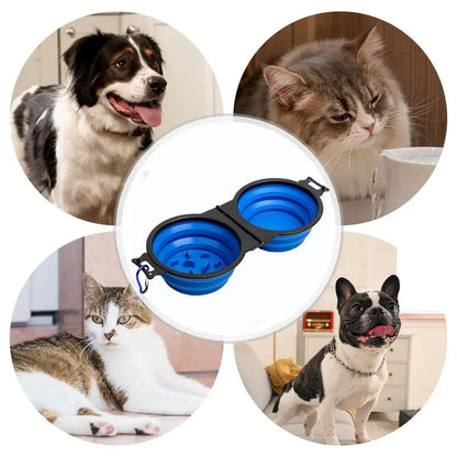 Foldable Double Dog Bowl – Travel Pet Feeder for Dogs & Cats | Slow Feeder, Water Bowl with Lock Clips for Walking, Hiking & Camping