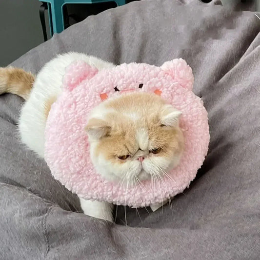 1 Pc Cute Cartoon Cat Recovery Collar – Soft Plush Adjustable Elizabeth Cone for Cats & Small Dogs | Anti-Bite Protective Neck Collar for Post-Surgery Wound Healing