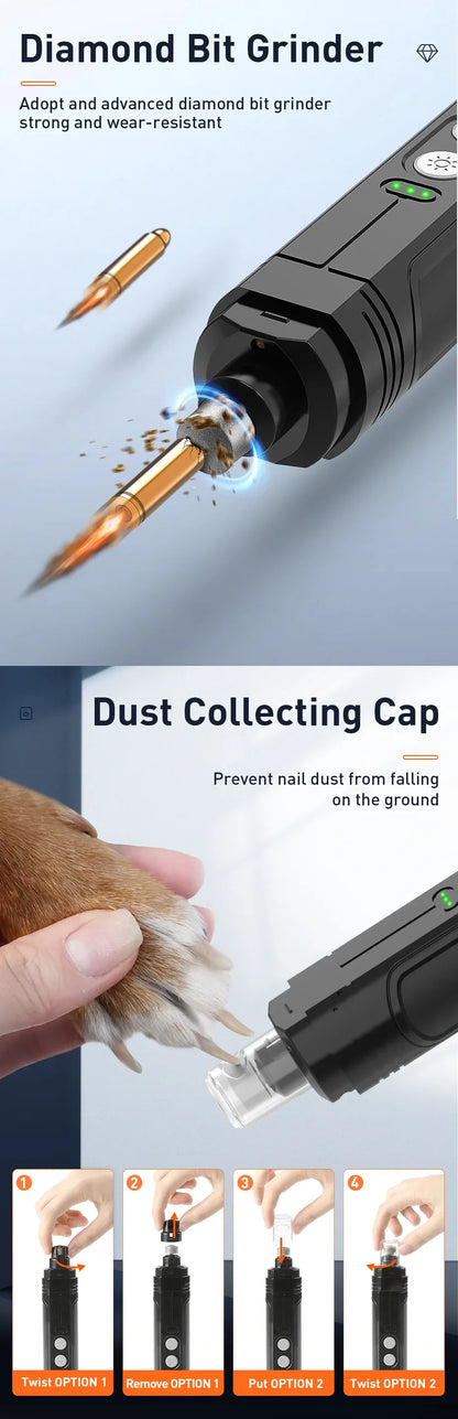 P3 Electric Pet Nail Grinder – Rechargeable Nail Clipper with 2 LED Lights for Dogs & Cats