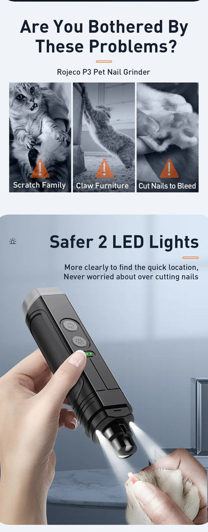 P3 Electric Pet Nail Grinder – Rechargeable Nail Clipper with 2 LED Lights for Dogs & Cats