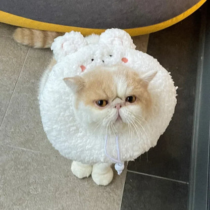 1 Pc Cute Cartoon Cat Recovery Collar – Soft Plush Adjustable Elizabeth Cone for Cats & Small Dogs | Anti-Bite Protective Neck Collar for Post-Surgery Wound Healing