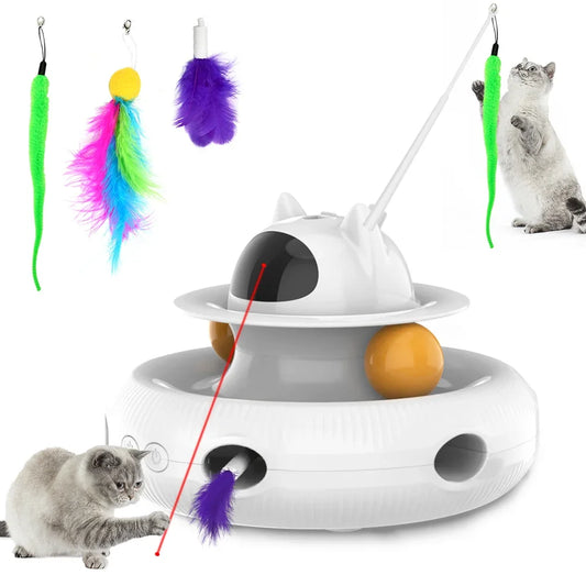Moebypet 4-in-1 Interactive Cat Toy – Rechargeable Feather, Laser, Trackball & Teaser Wand