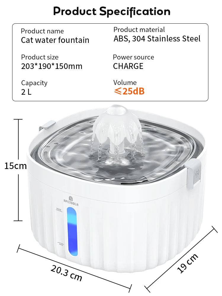 APETDOLA Automatic Cat Water Fountain – 2.1L Smart Pet Water Dispenser with Stainless Steel Tray, 6-Level Filtration, Ultra Quiet for Cats and Dogs