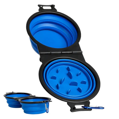 Foldable Double Dog Bowl – Travel Pet Feeder for Dogs & Cats | Slow Feeder, Water Bowl with Lock Clips for Walking, Hiking & Camping