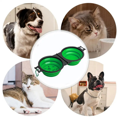 Foldable Double Dog Bowl – Travel Pet Feeder for Dogs & Cats | Slow Feeder, Water Bowl with Lock Clips for Walking, Hiking & Camping