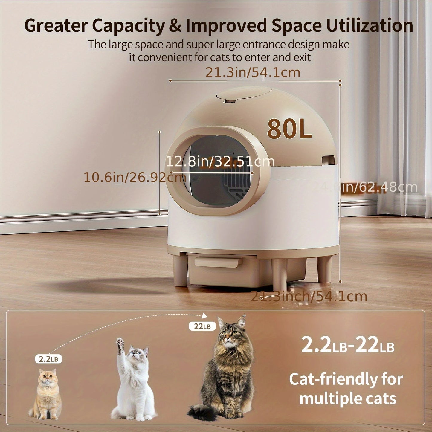 REDSASA 80L Smart Automatic Self-Cleaning Cat Litter Box – WiFi APP Control, UV Sterilization, Air Purification, Safety Sensors, for Multiple Cats up to 30 lbs