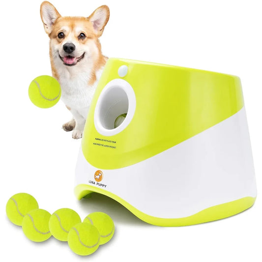 Automatic Dog Ball Launcher – Interactive Toy with 3 Ranges & 6 Mini Tennis Balls (Green)