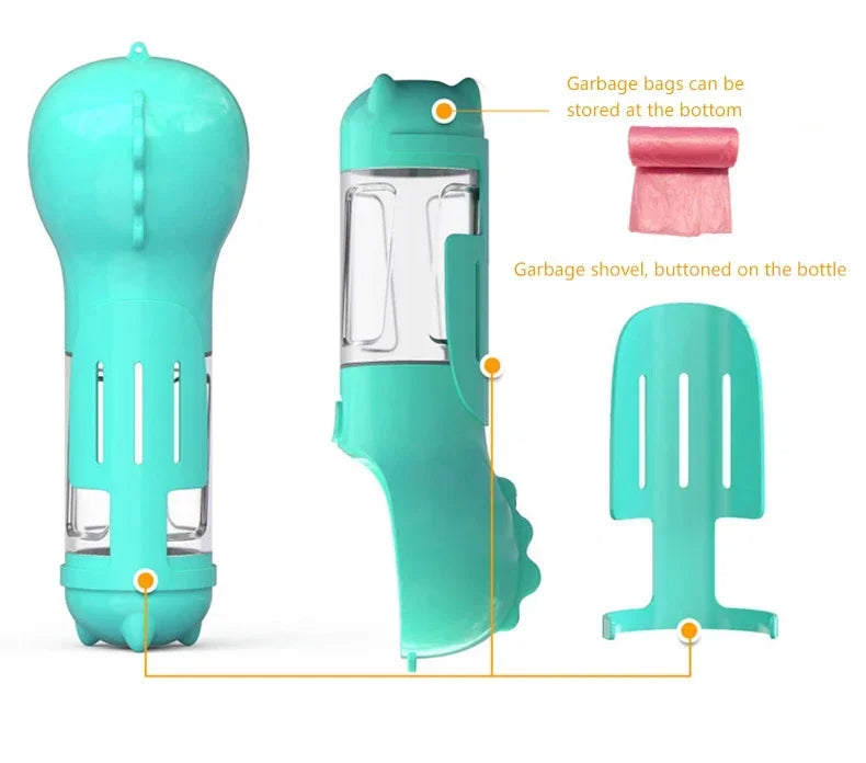 3 in 1 Portable Dog Water Bottle – Feeder, Drinker, and Poop Bag Dispenser for Outdoor Pet Travel