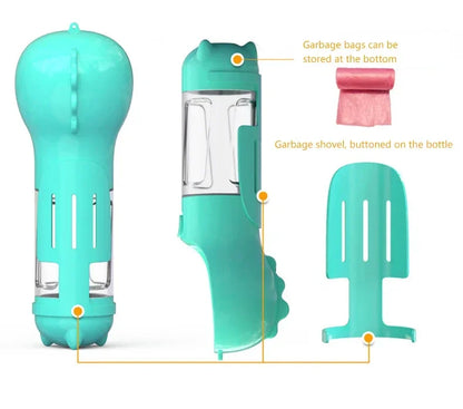 3 in 1 Portable Dog Water Bottle – Feeder, Drinker, and Poop Bag Dispenser for Outdoor Pet Travel