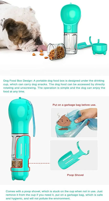 3 in 1 Portable Dog Water Bottle – Feeder, Drinker, and Poop Bag Dispenser for Outdoor Pet Travel
