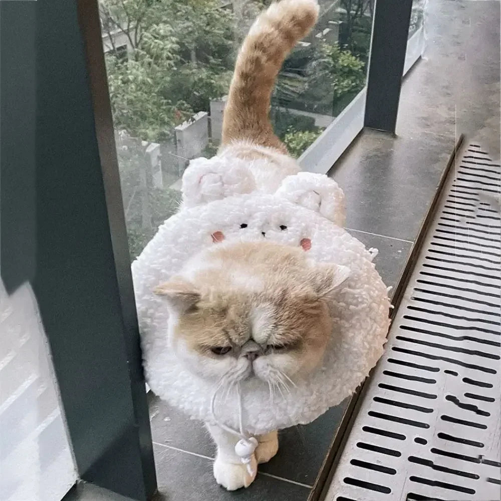 1 Pc Cute Cartoon Cat Recovery Collar – Soft Plush Adjustable Elizabeth Cone for Cats & Small Dogs | Anti-Bite Protective Neck Collar for Post-Surgery Wound Healing