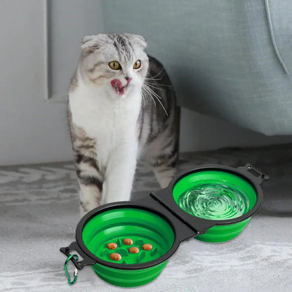 Foldable Double Dog Bowl – Travel Pet Feeder for Dogs & Cats | Slow Feeder, Water Bowl with Lock Clips for Walking, Hiking & Camping