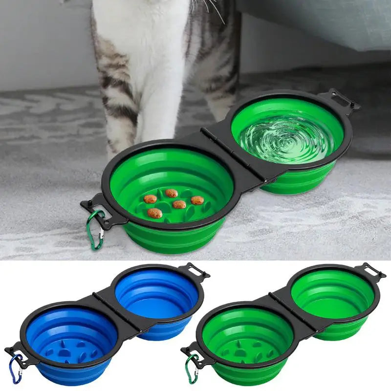 Foldable Double Dog Bowl – Travel Pet Feeder for Dogs & Cats | Slow Feeder, Water Bowl with Lock Clips for Walking, Hiking & Camping
