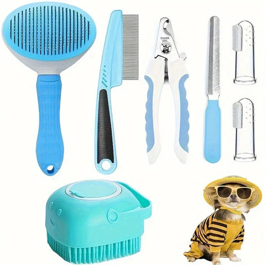 7 Pack Pet Grooming Kit – Dog Comb, Flea Comb, Shampoo Brush, Nail Clippers & Toothbrush Set