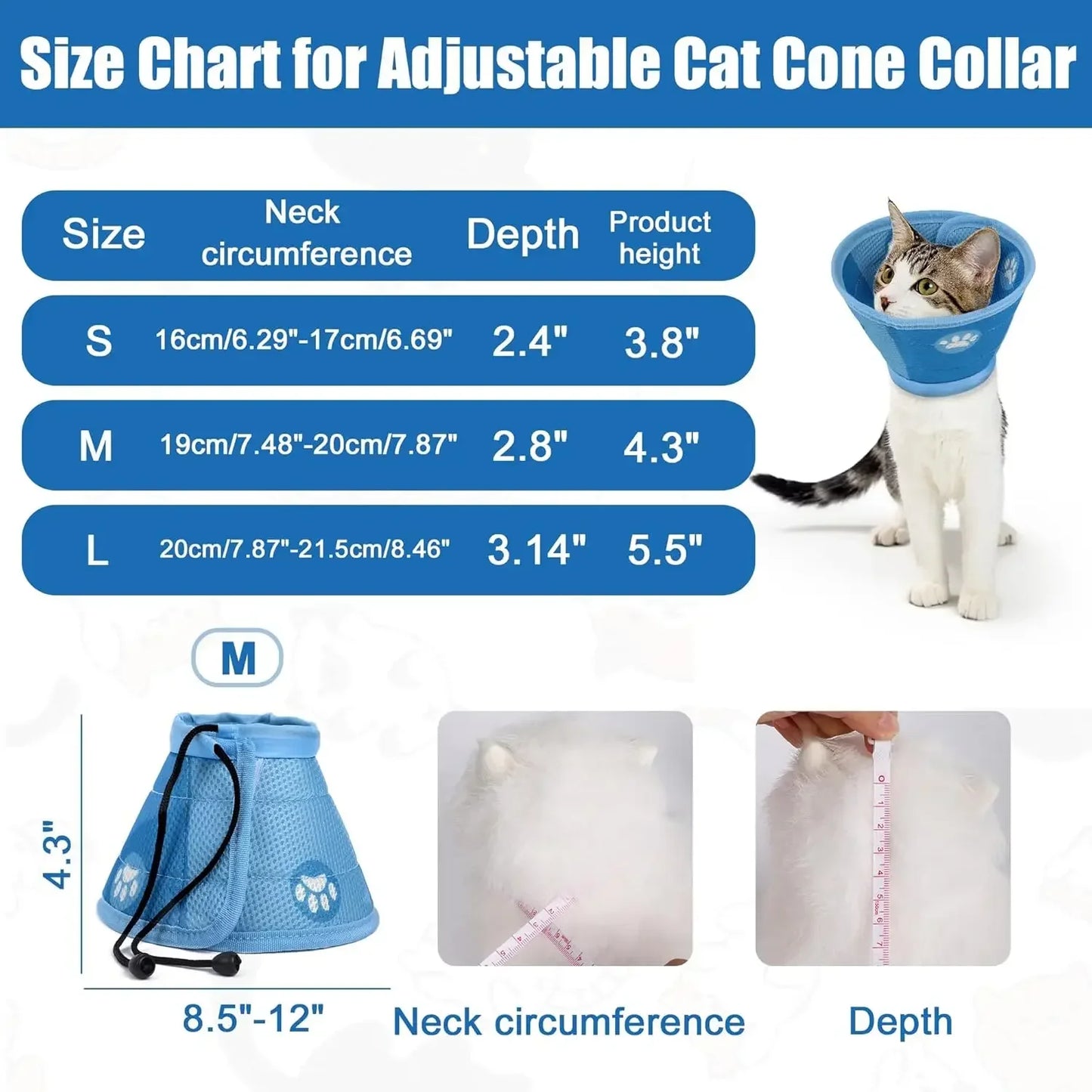 Adjustable Cat Cone Collar – Soft, Breathable, Anti-Bite Protective Recovery Neck Ring for Cats & Small Dogs