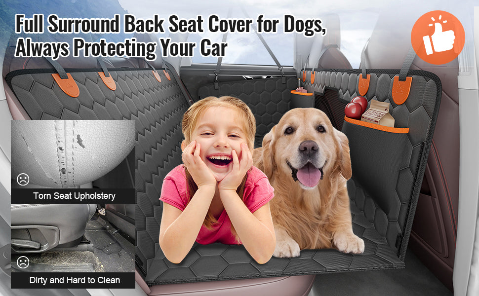 SucceBuy Back Seat Extender for Dogs – Heavy-Duty Dog Car Seat Cover Bed with Mesh Window, Waterproof Hammock, 350lbs Support, Storage Pocket – Travel Mat for All Dog Breeds